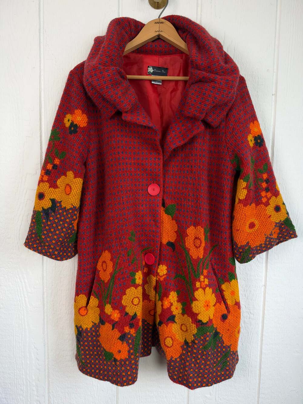 Vintage Damee Inc. Floral Tapestry Coat Red Orange Boho Statement Jacket Small